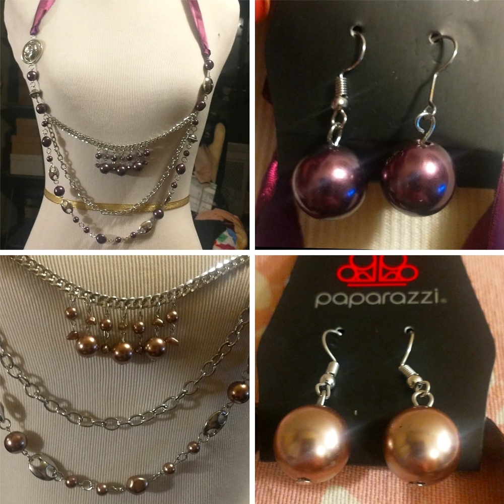 3X! Paparrazi Satin & Silver-toned Layered Necklace & Matching Pearl Earrings